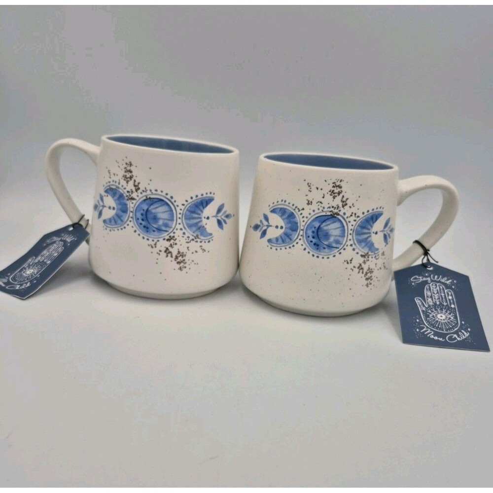 Celestial Moon Ceramic Coffee Mugs White Blue Gold Stay Wild Moon Child